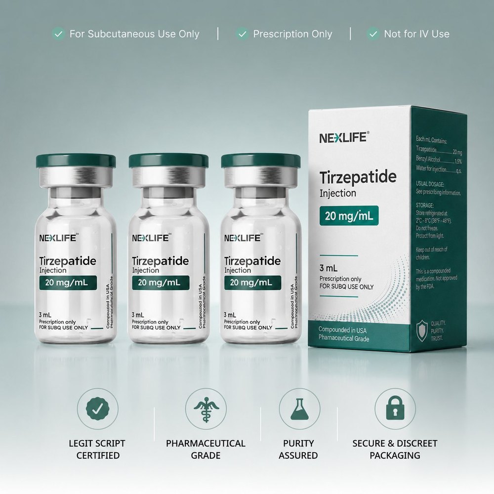 NexLife compounded tirzepatide vials and carton